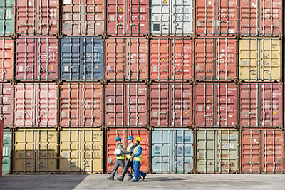 Inspectors in PPE at port, with containers